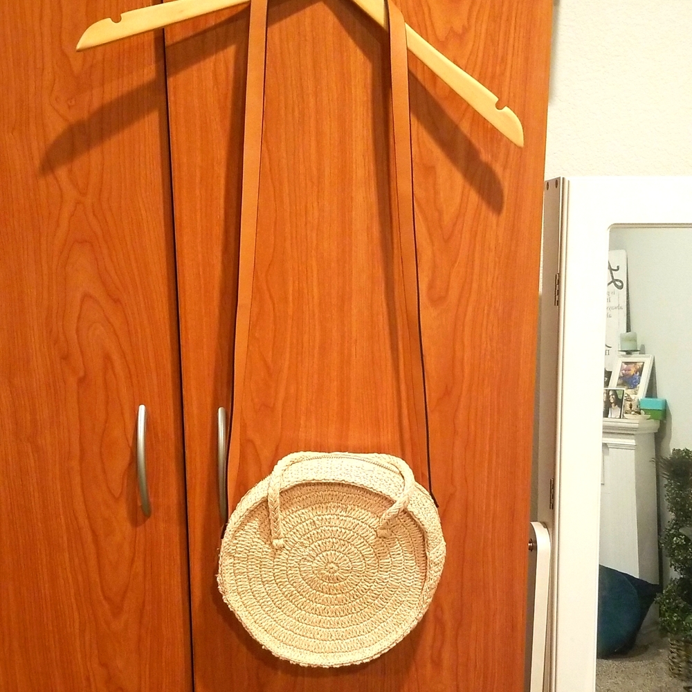 Hand Woven Round Rattan Handbag with zipper and Tan Leather Strap